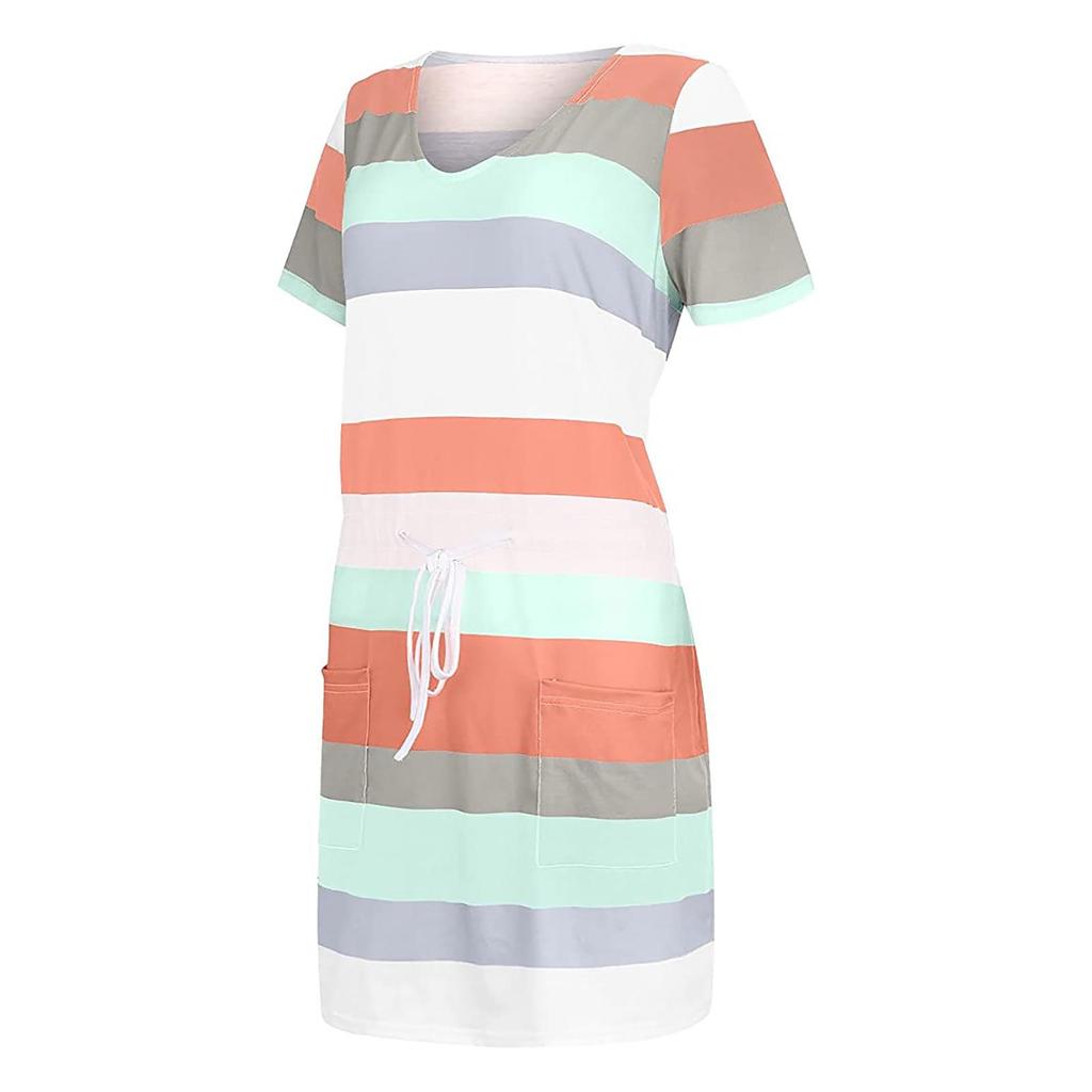 2023 Summer Women's Striped Short Sleeve Dress with Drawstring Mini Skirt