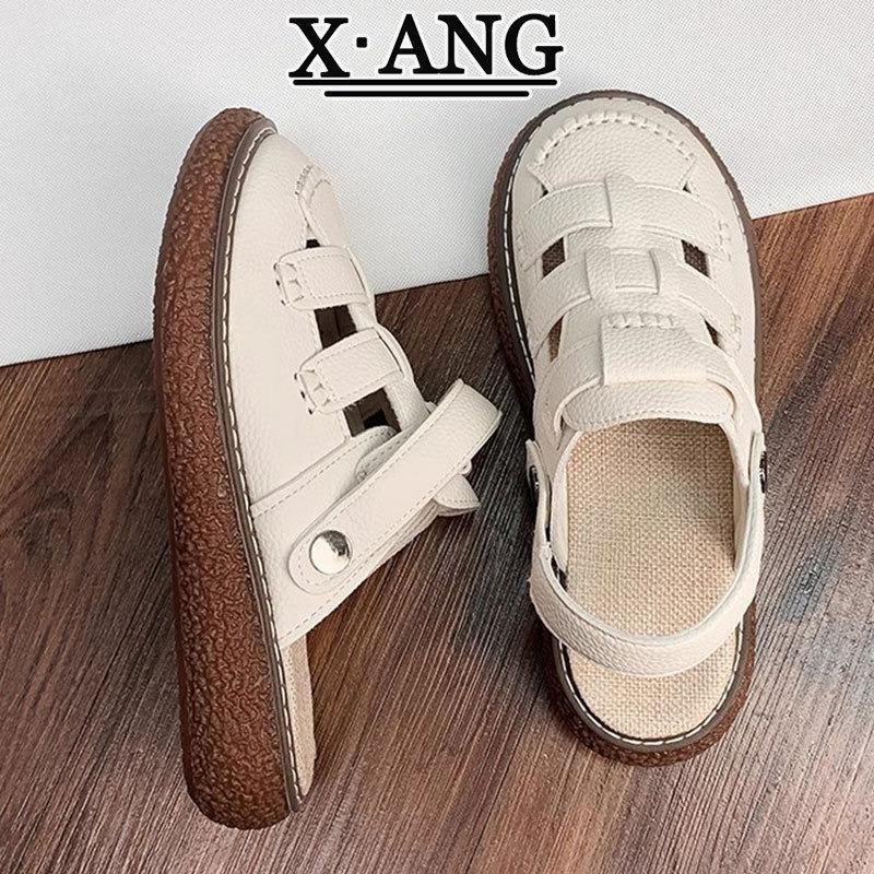 Ledertasche Kopf Sandalen Damen Sommerkleidung dicksohlige Halbpantoffeln neue gewebte Schweinekäfigschuhe Lochschuhe