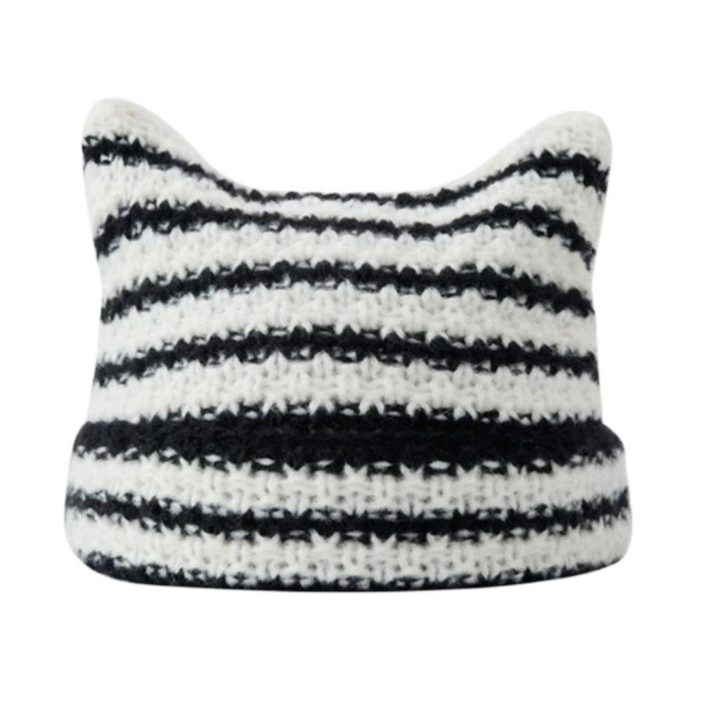 Big Head Circumference Knitted Hat 1pc Little Devil Striped Cute Cat Ears Pointed Party Hat
