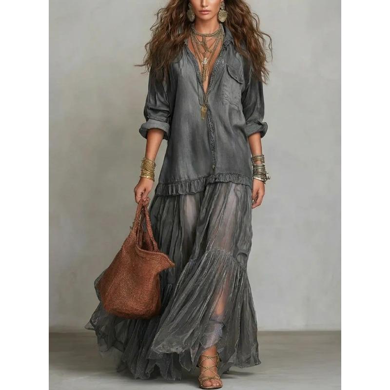 Vintage Turn Down Collar Imitation Denim Casual Long Dress For Women