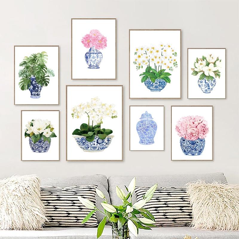Blue and White China Magnolia Hydrangea Prints Chinoiserie Art Canvas Painting Gallery Wall Art Picture Poster Trendy Wall Decor