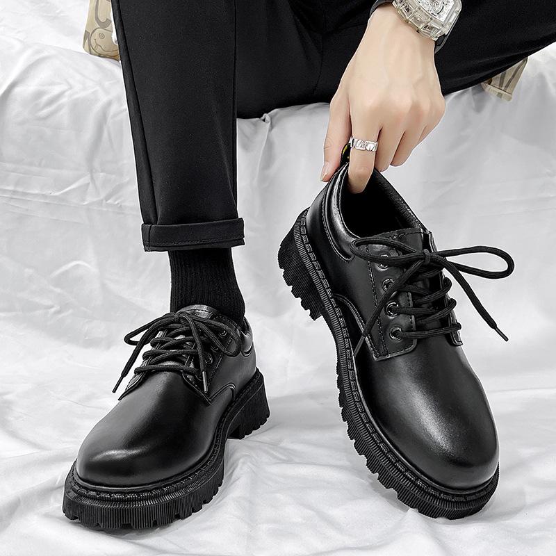 Men's British Style Height Increasing Derby Shoes - Black Leather, Thick Sole, Casual or Wedding Wear