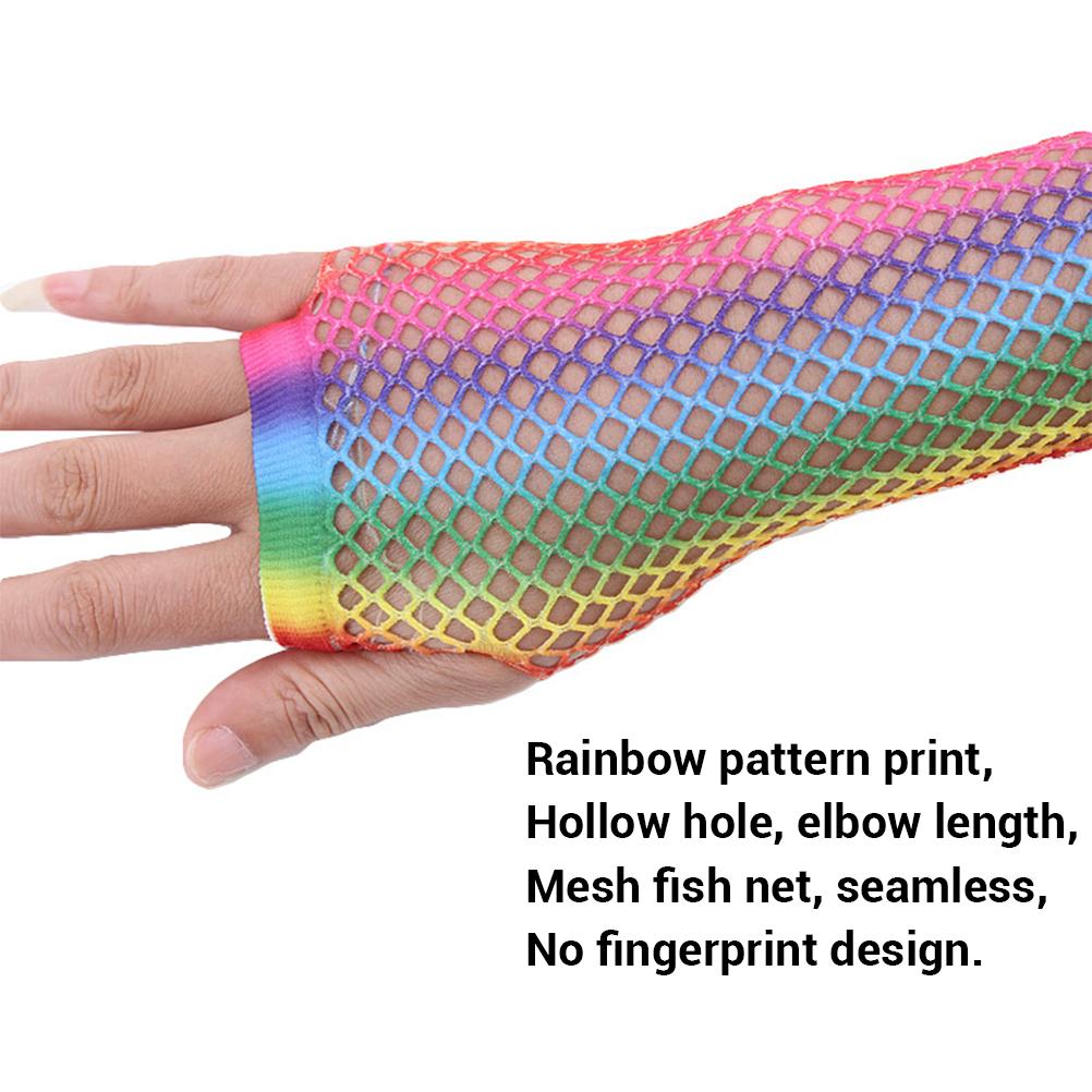 1 Paar Damen Glänzende Regenbogen Bedruckte Netzhandschuhe Aushöhlen Braut Fingerlose Handschuhe für Hochzeit
