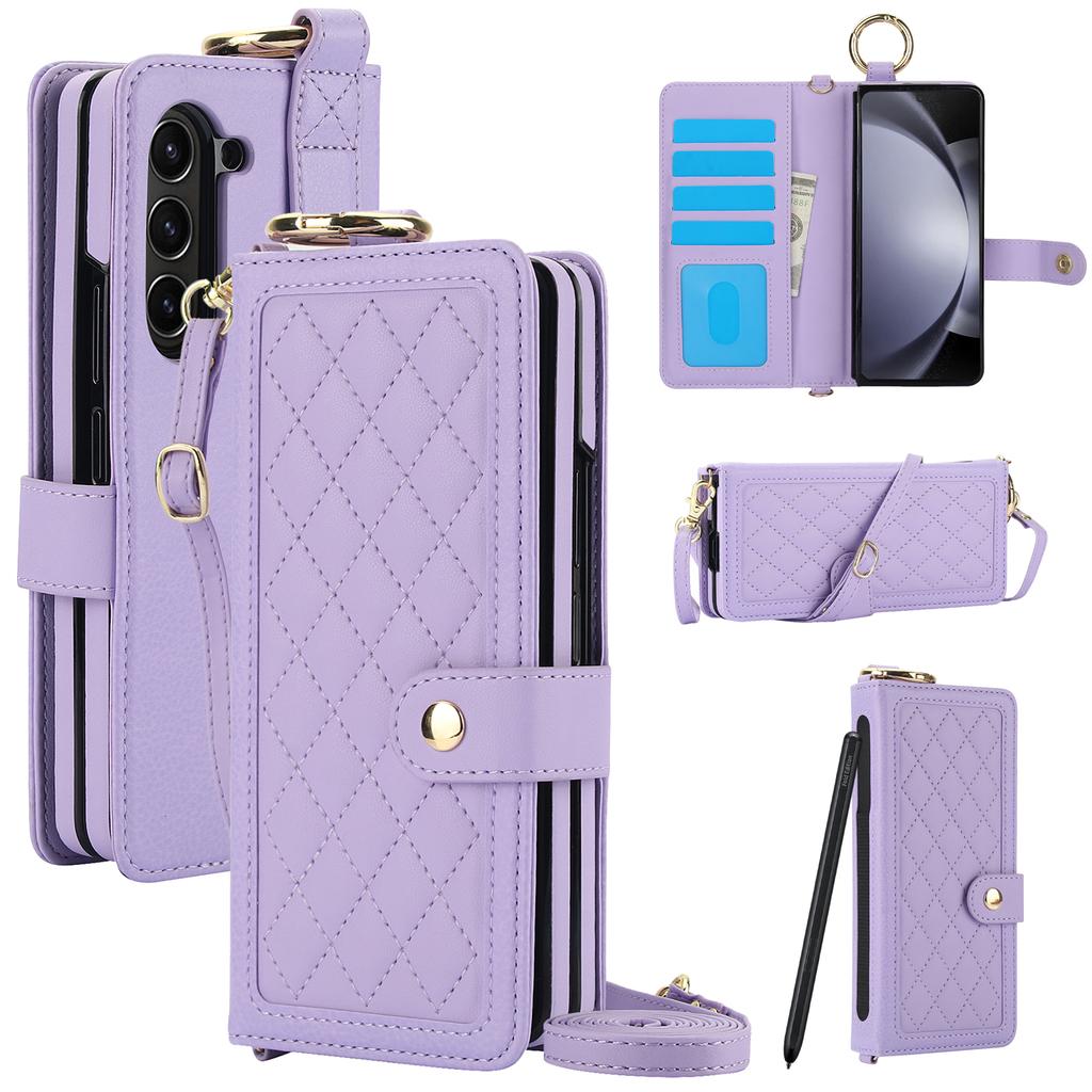 Crossbody Cards Solt Wallet Leather Ring Hold Case For Samsung Galaxy Z Fold 6 5 4 3 5G Wristband Strap S Pen Holder RFID Cover