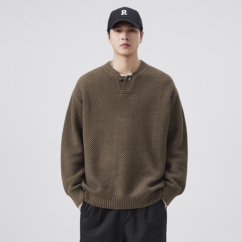 Plus Size Retro Henley Sweater: Men's Autumn/Winter Warm Loose Knitwear