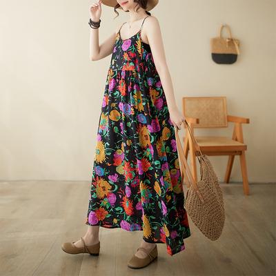 Summer Art Retro Pullover Strapless Suspender Loose Plus A-line Sleeveless Dress for Women