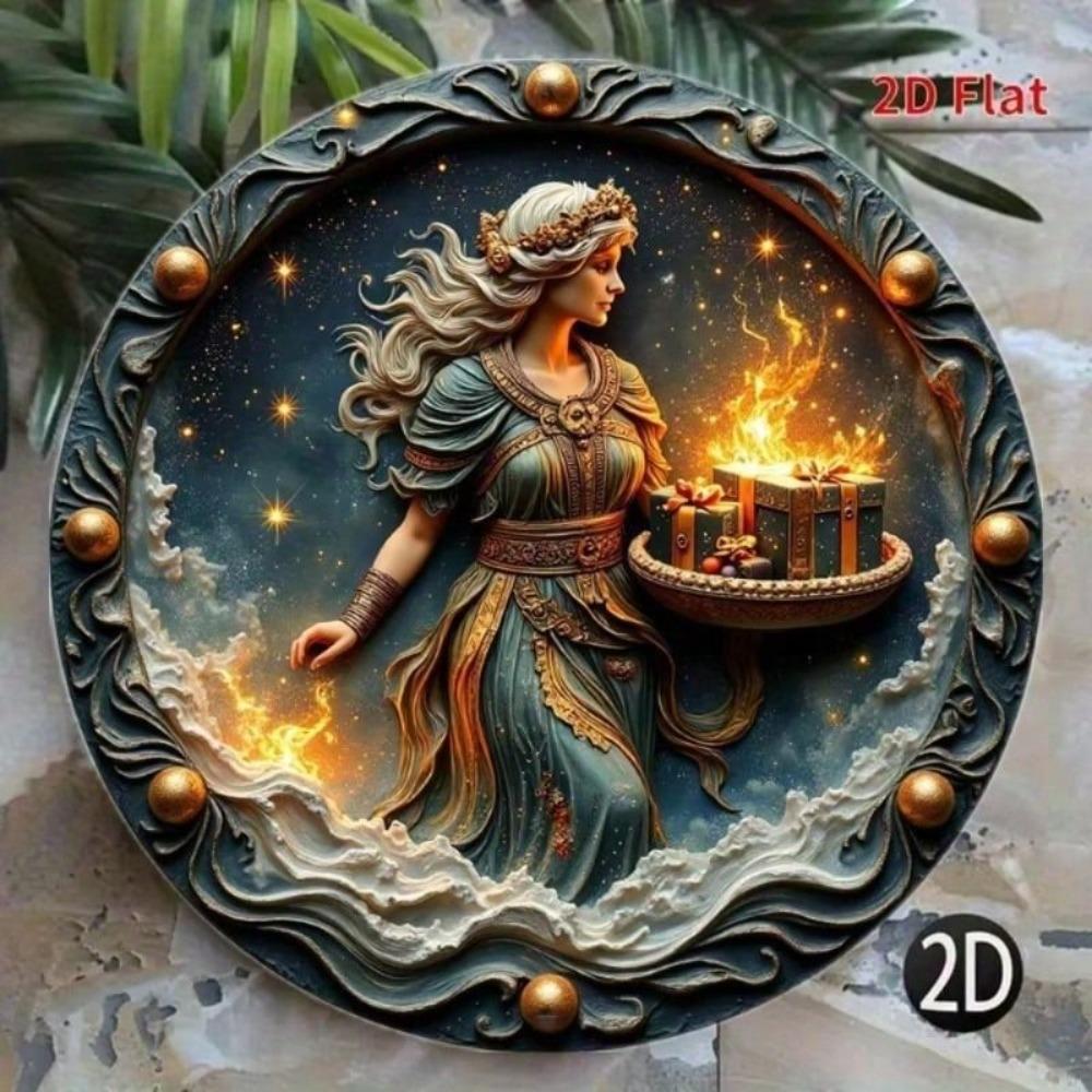 Metal Poster Wall Art Goddess Flame Star 3D Round for Living Room