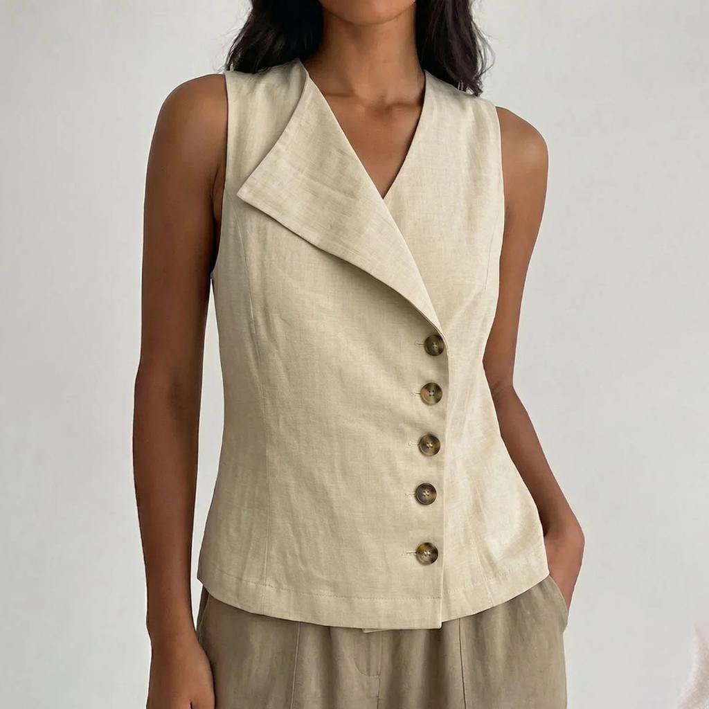 Women's Linen Blend Sleeveless Vest Top, Asymmetric Collar Button Down Blouse, Casual Summer Tank Top