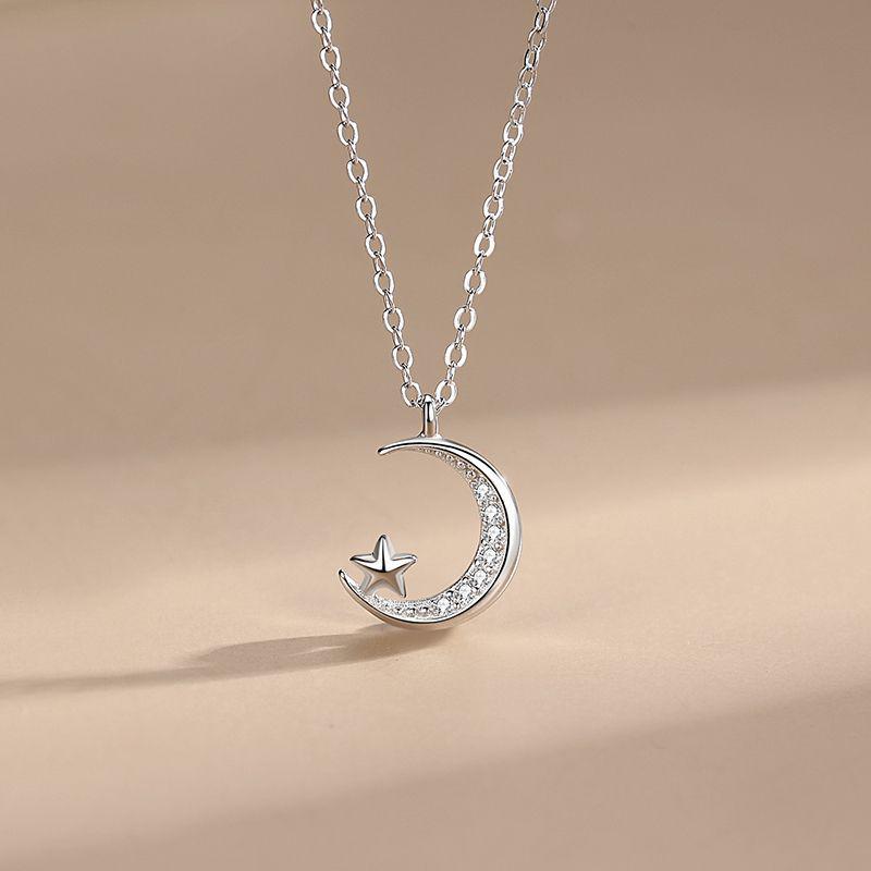 S925 Sterling Silver Star & Moon Necklace for Women - Japanese & Korean Design, Micro-Inlaid Clavicle Chain, Trendy Pendant.
