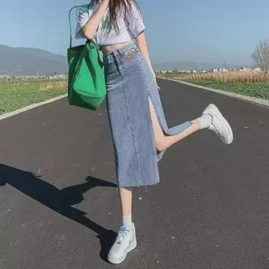 Women's Summer 2023 High Waist A-Line Slit Denim Skirt - Slim, Petite, Medium Length