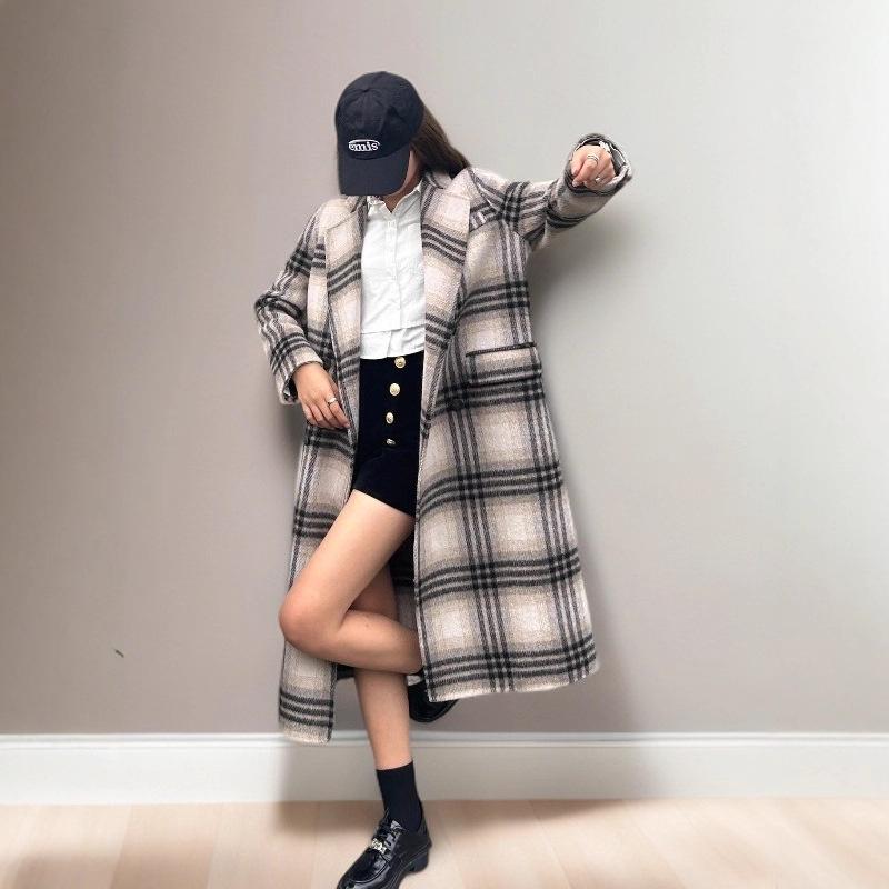 

Женское двустороннее кашемировое пальто в клетку - Длинное, свободного кроя, шерстяное пальто для осени/зимы 2025, в стиле светской львицы. Small