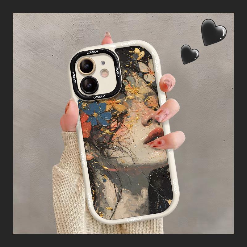 Oil Painting Flower Girl Suitable for Apple 16 Phone Case 15, Acrylic 14pro, Fine Hole Anti-drop 13, Full Package 12/11