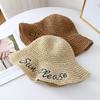 New Straw Hat Female Letter Spring and Summer Hollow Breathable Bucket Hat Seaside Vacation Sun Hat