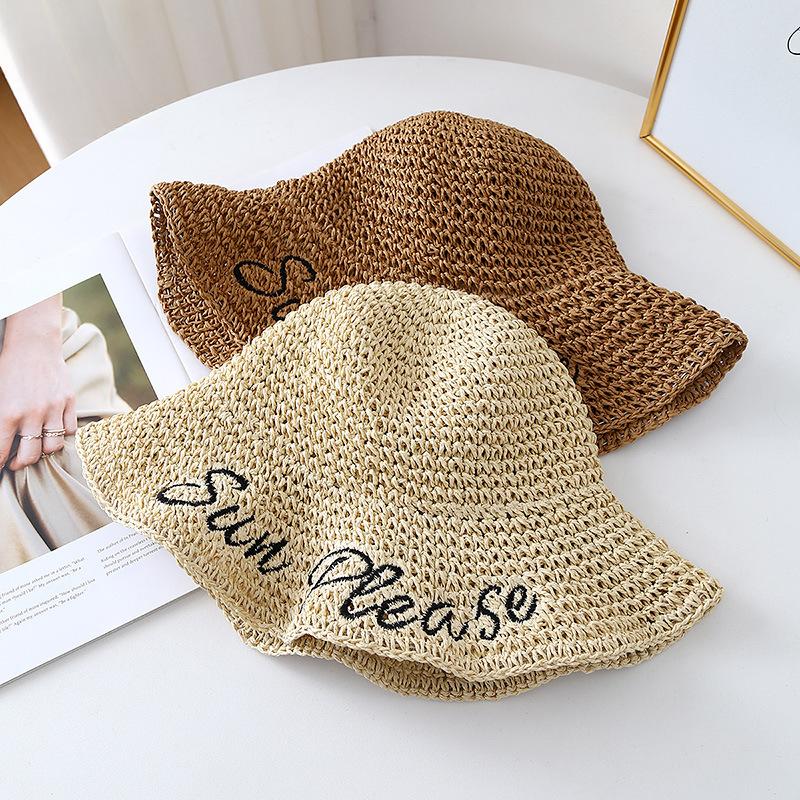 New Straw Hat Female Letter Spring and Summer Hollow Breathable Bucket Hat Seaside Vacation Sun Hat
