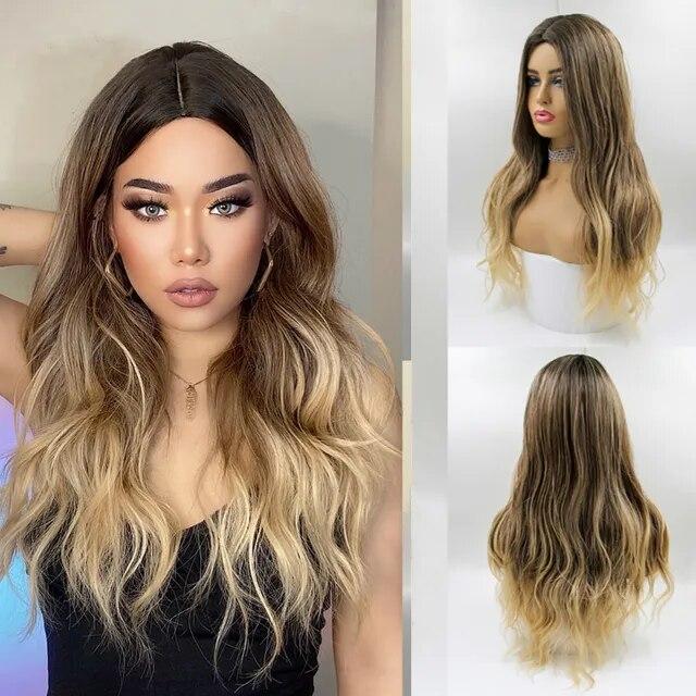 Μακριές καφέ Ombre συνθετικές περούκες για γυναίκες Φυσικά μαλλιά κυματιστές περούκες μεσαίου μέρους Γυναικεία περούκα Cosplay ανθεκτικές στη θερμότητα περούκες από ίνες
