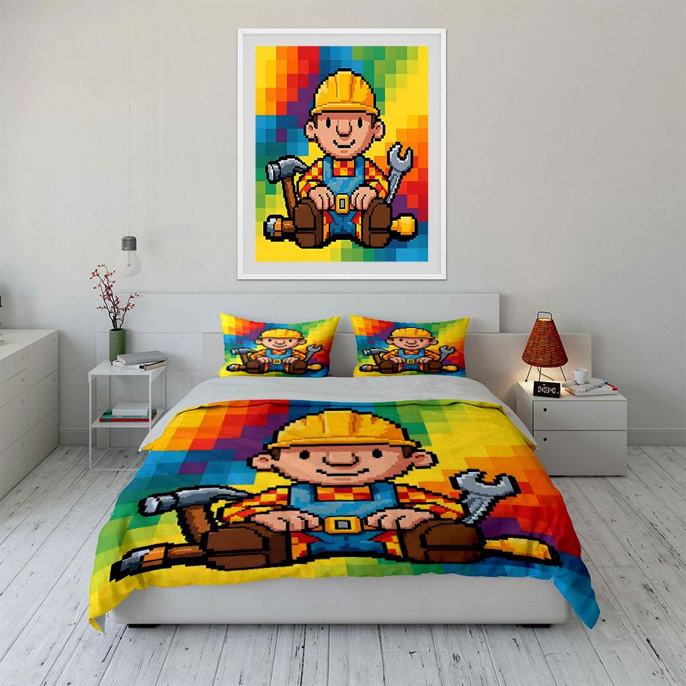 Colorful Pixel Art Builder Bedding Duvet Cover Set (1*Duvet Cover 2*Pillowcases, Without Duvet Insert)