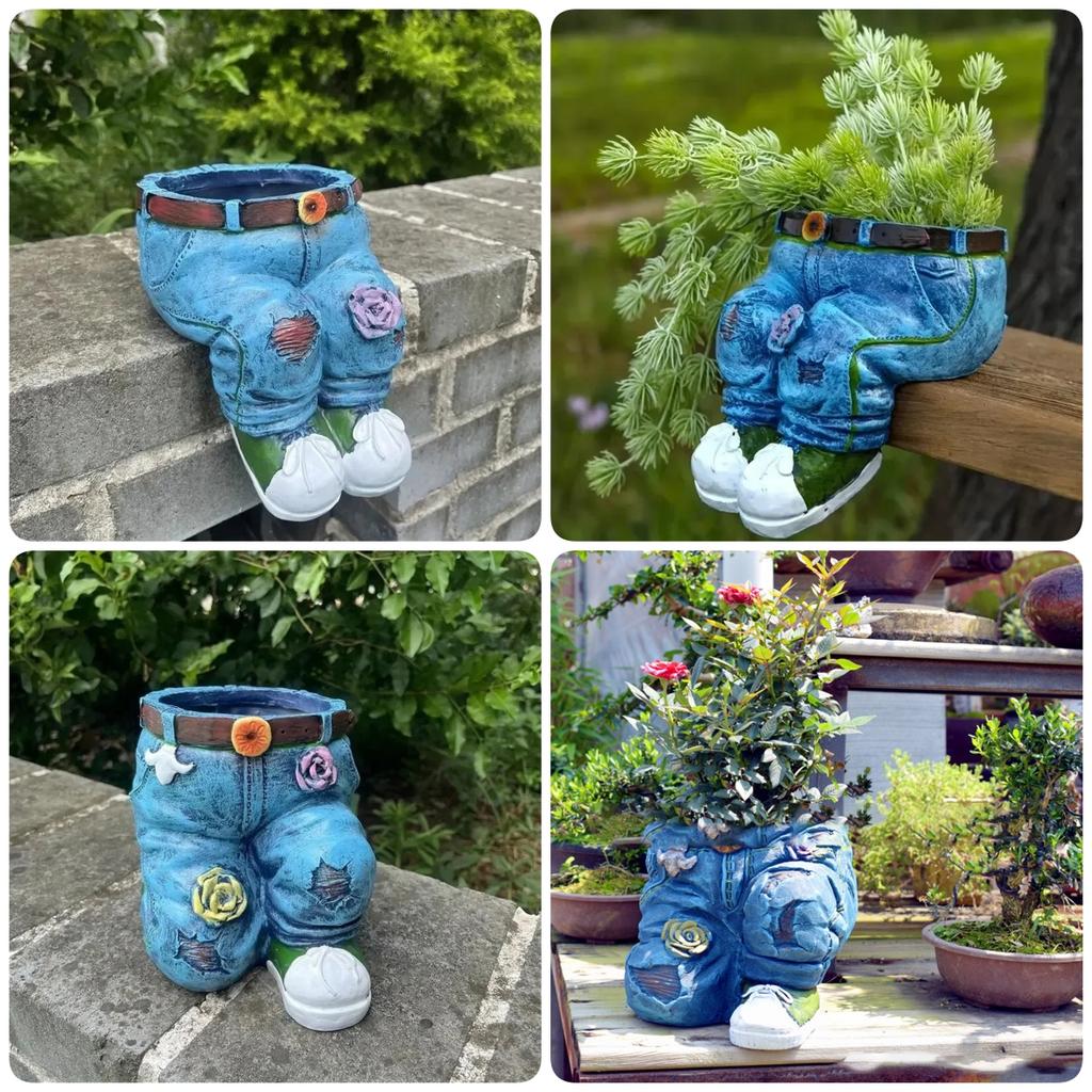 1Pc Jeans Pants Shaped Flowerpot Resin Statue Succulent Pot Plant Flower Planter for Indoor Garden Yard Lawn Porch Patio Outdoor