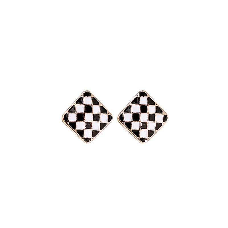 Black & White Checkered Earrings with Retro Bow and Geometric Design