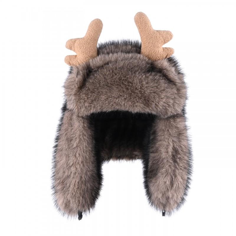 Warm Faux Mink Hat Women Men Winter Thick Ear Protection Beanie With Deer Antler Design Casual Outdoor