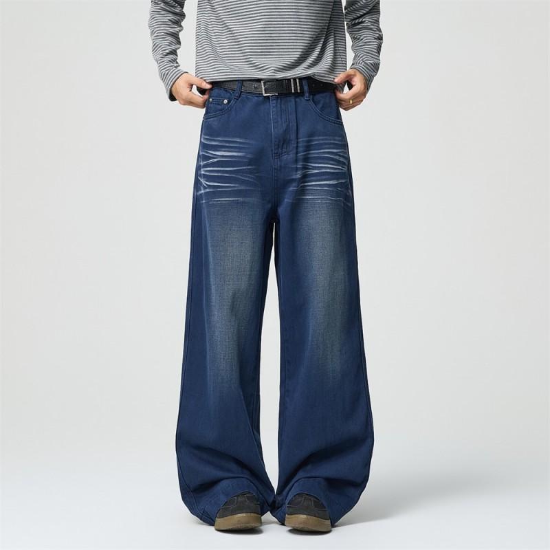 Mens Vintage Washed Straight Leg Wide Pants Retro Crease Loose Casual Streetwear Trousers