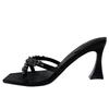 2025 summer new square-headed rhinestones with sandals women's thick heels open-toed high-heeled slippers poplar forest half-drag