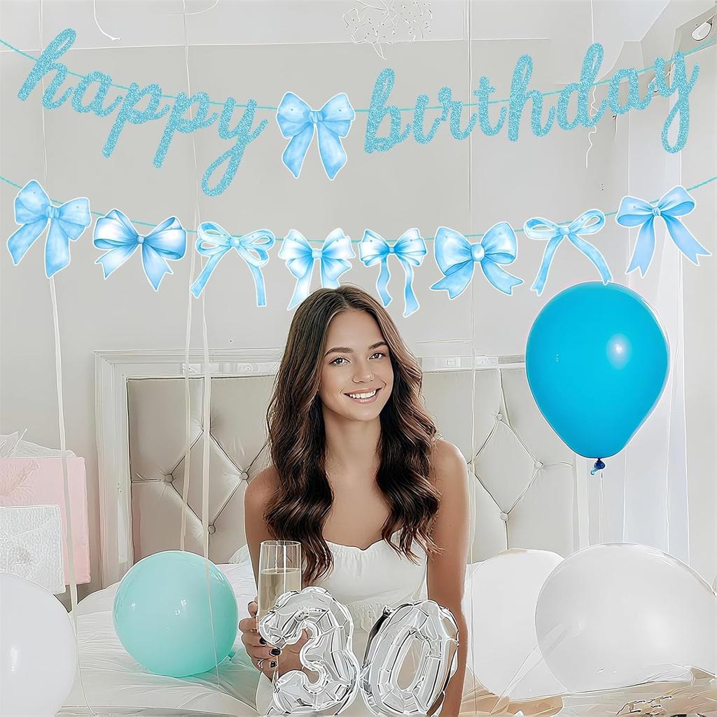 Blue Bow Happy Birthday Banner with Bow Garland for Baby Shower Girls Women Blue Bow Themed Coquette Birthday Party Decorations