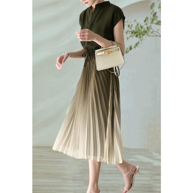 Pleated Gradient Slimming Lace-up Elastic Waist Dress for Women Spring and Summer