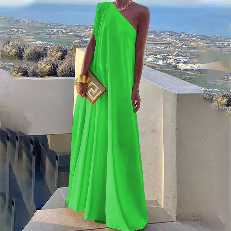 

Women Solid One Shoulder Long Party Dress One-Shoulder Long Party Dress Green XL