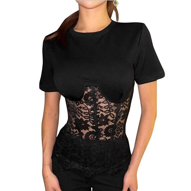 Nuovo Top Corto Estivo da Donna Sexy con Scollo Rotondo, Pizzo Trasparente e Inserti