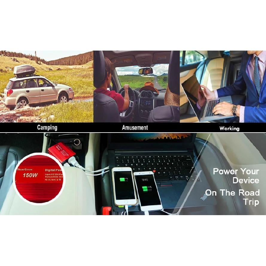 HearGrow 150W Car Power Inverter, 12V DC to 110V AC Converter Outlet with Silent Cooling Fan, 3.1A Dual USB Ports Car Charger for Laptop, Tablet,