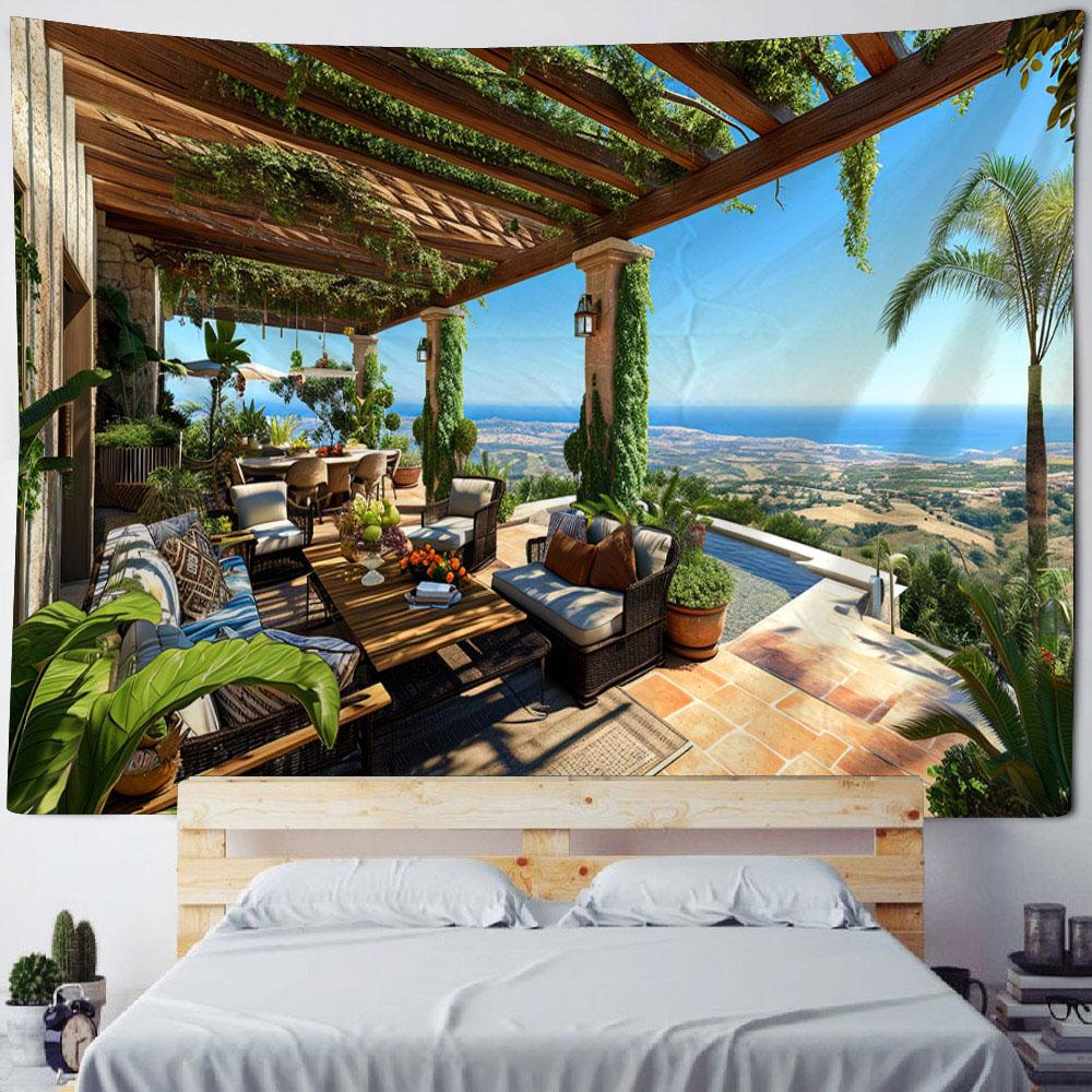 Beautiful Seaside Courtyard Landscape Tapestry Wall Hanging Room Wall Decoration Living Room and Bedroom Background Poster
