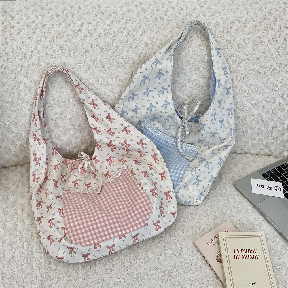 5591 Floral Plaid Tether Bow Shoulder Bag Spring and Summer Leisure Travel Large Capacity Tote Bag
