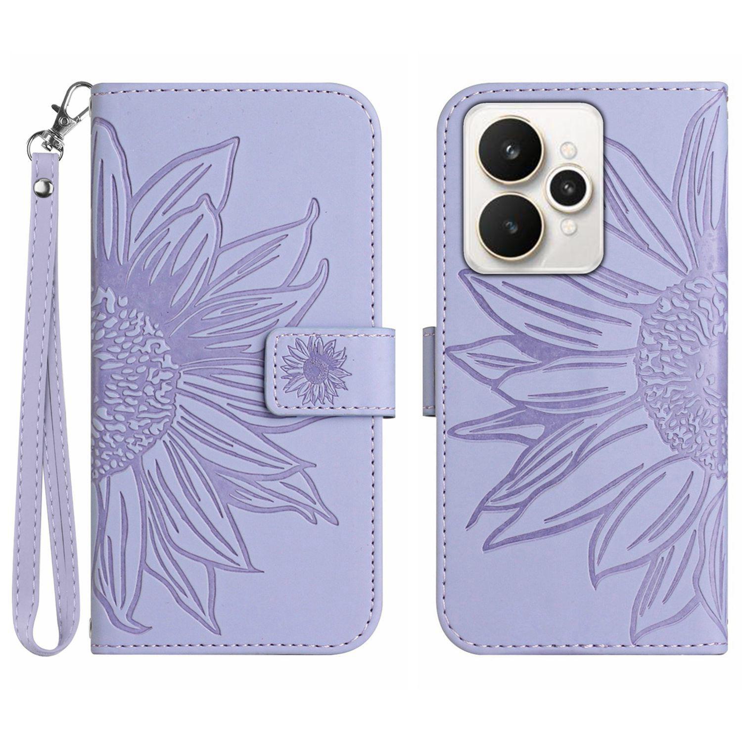 

For Realme 15 5G/Realme 15 Pro 5G Case Sunflower Imprint Leather Wallet Phone Cover with Wrist Strap Light Purple