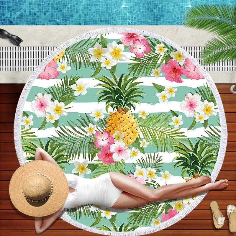 Summer Round Beach Towel Flamingo Tropical Plant Pineapple Printing Bath Shower Towels Bikini Cover Up Beach Towel