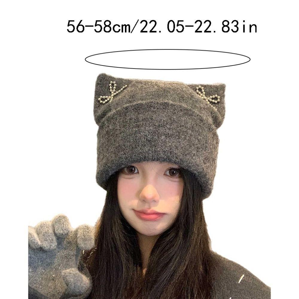 Windproof Sweet Cool Cat Ears Beanie Hat Bow Fluffy Knitted Pullover Hat Streetwear Ear Protection Winter Wool Hat Autumn