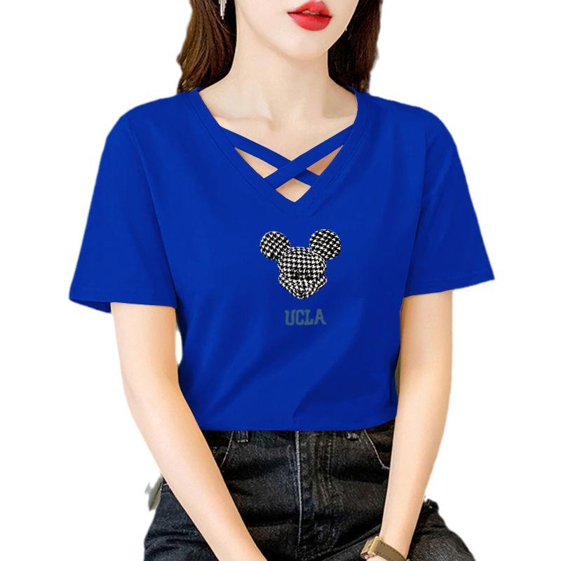 Women's 100% Pure Cotton Crossover V-Neck Short Sleeve T-Shirt - 2024 Korean Casual Summer Fashion Trend