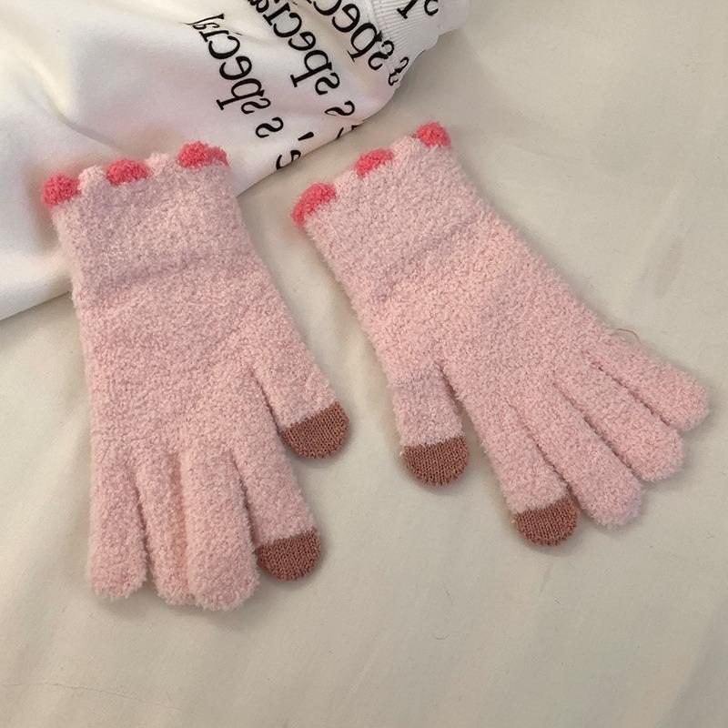 Warm Gloves Women's Candy-colored Small Jelly Beans, Coral Fleece Knitted Cute Wool, Cold-proof and Thickened, Available In Autumn and Winter