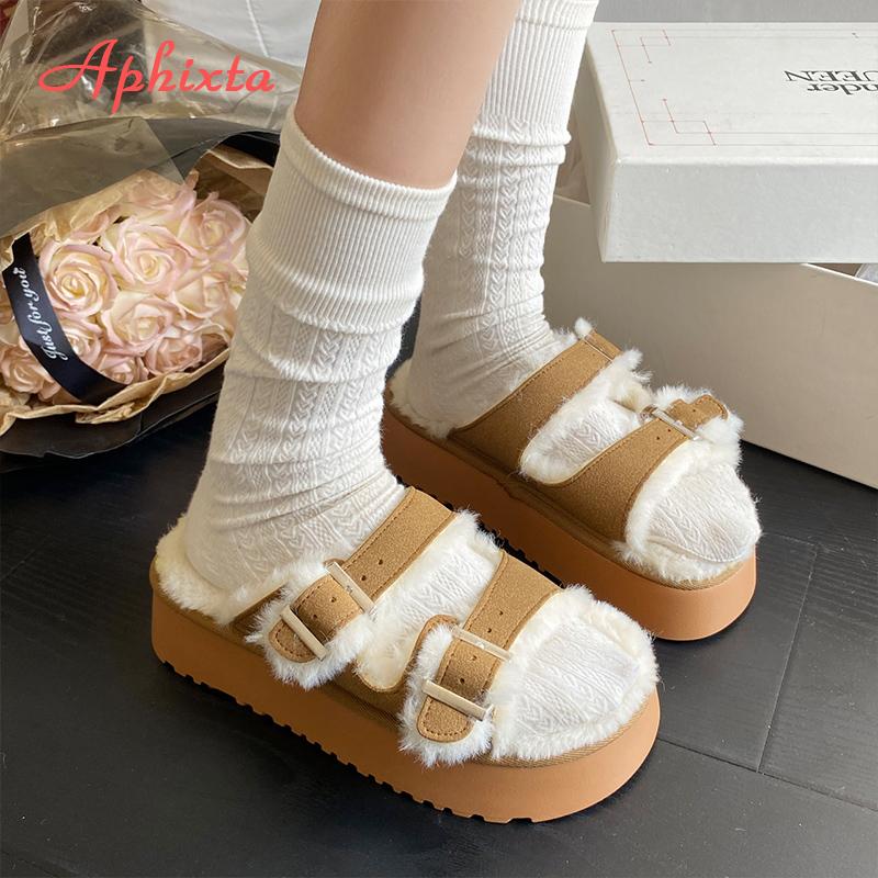 Fashion Aphixta Luxury Platform Furry Slippers Women Warm Slippers Shoes Buckle Design Fur Insole Women Winter Footwear Size 42