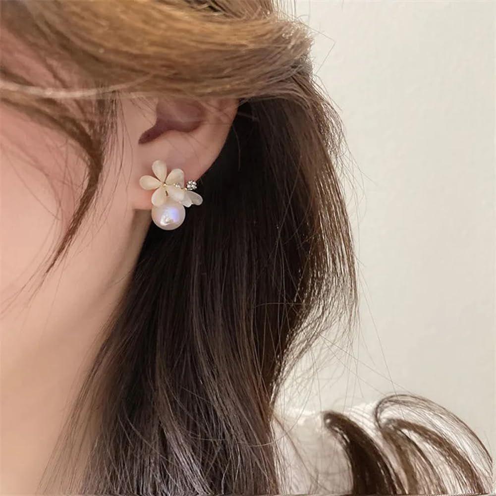 Latest Sweet Romantic Elegant White Flower Hoop Earrings | Stylish Shell Resin Delicate Pearl Flower Zircon Earrings | Trendy Versatile Jewellery