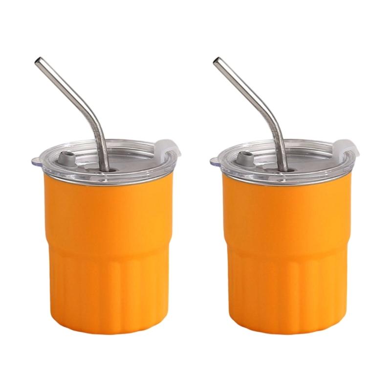 2pcs 304 Stainless Steel Cups Stackable Metal Cold Water Glasses Double Walled Drinking Cup with Straw and Lid