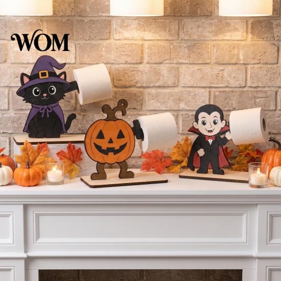 Halloween Paper Towel Holder 2Pcs Holder, Cartoon Animal Tabletop Roll Dispenser, Wooden Creative Holiday Desktop Decor Tissue Stand for Kitchen