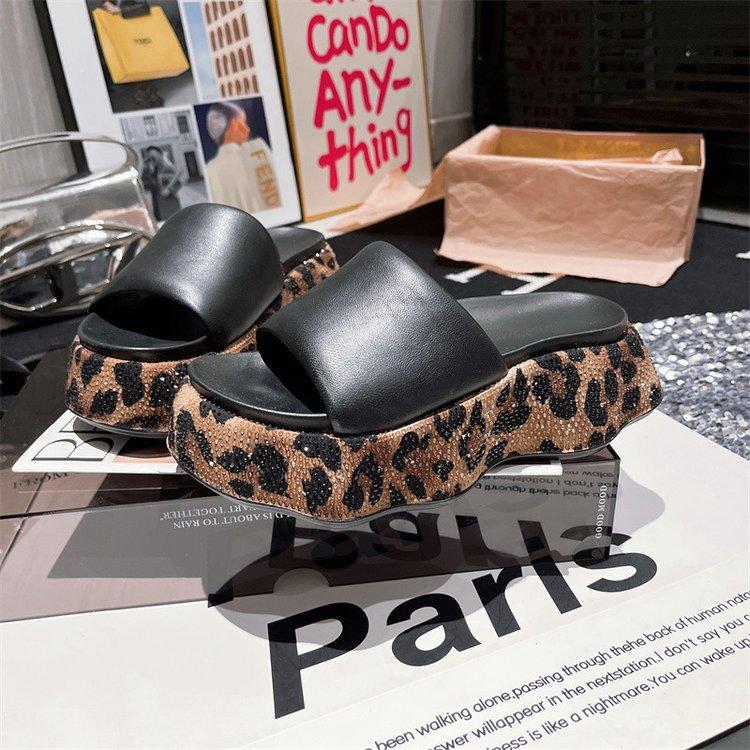 

European rhinestones leopard print thick-soled versatile muffin open-toed sandals, slippers outside, muffin small women s shoes 40