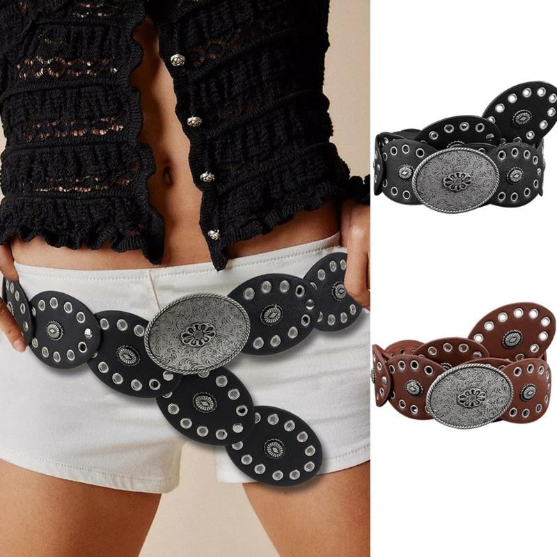 Wide Belt For Women Grommet Waist Chain Belt Discs Chain Belly Chain For Dress Western Oval Belt Waist Chain