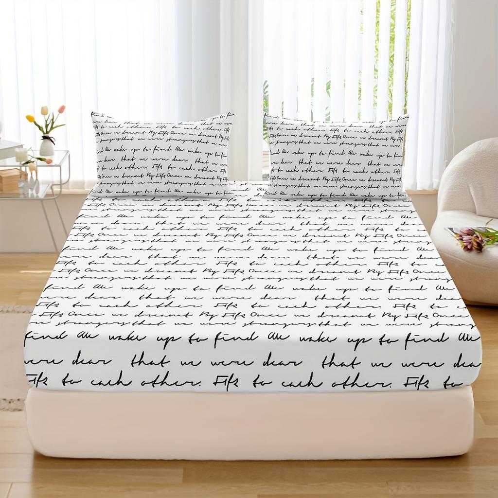 3-Piece Love Letter Print Fitted Sheet Set - Ultra-Soft, Breathable, Comfortable Bedding For Bedroom, Guest Room - Includes 1 Fi