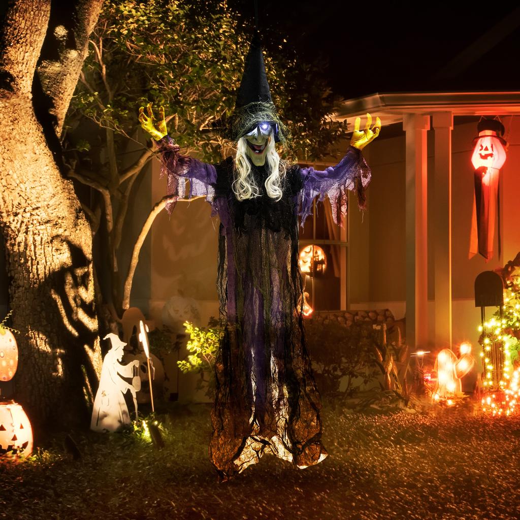 183cm Halloween Decoration Hanging Halloween Witch with LED Lights, Sound Function, Adjustable Arms, Mouth