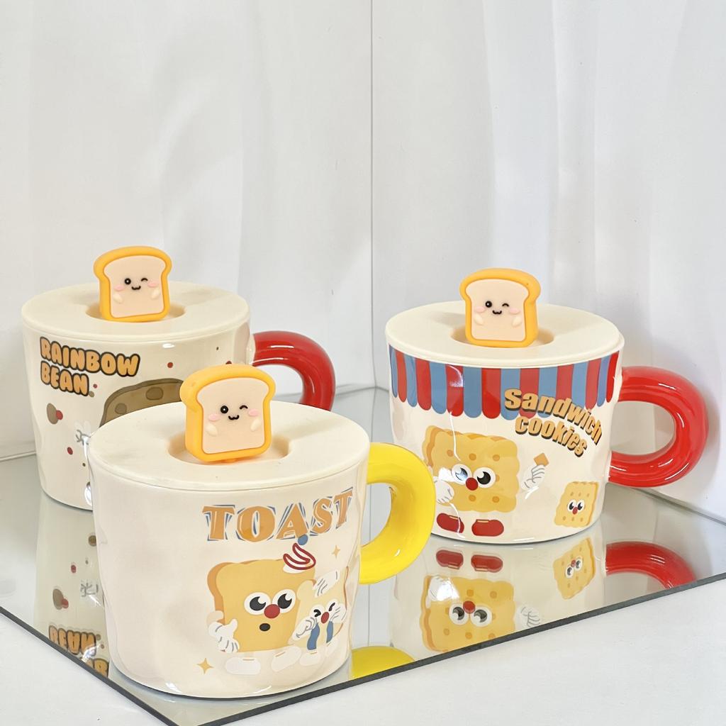 Cute toast drinking mug with lid girl birthday gift high value home office ceramic mug