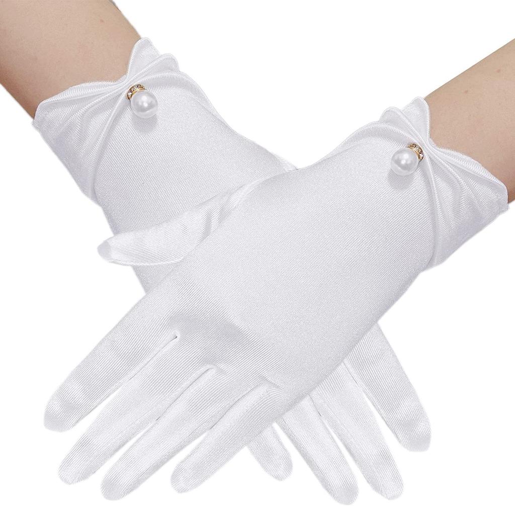 Women Sunscreen Anti-UV Elastic Thin Mittens Satin Pearl Pendant Short Gloves