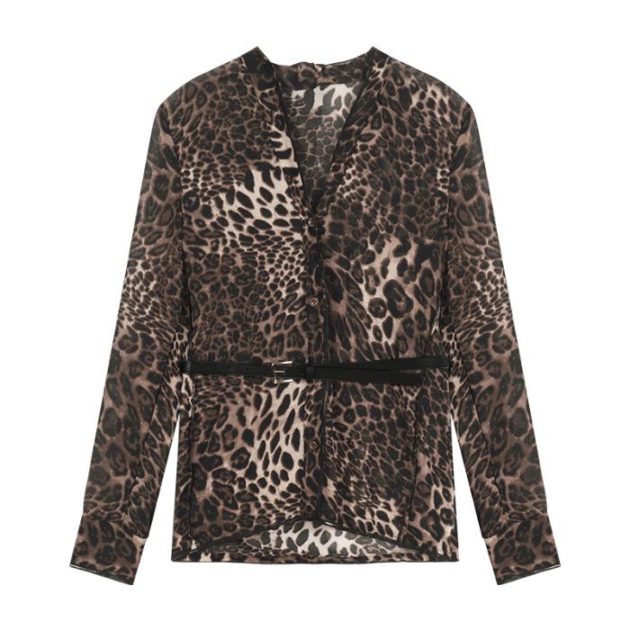 Summer sunscreen shirt leopard print v-neck long-sleeved chiffon shirt women's pure desire medium and long waist shirt top