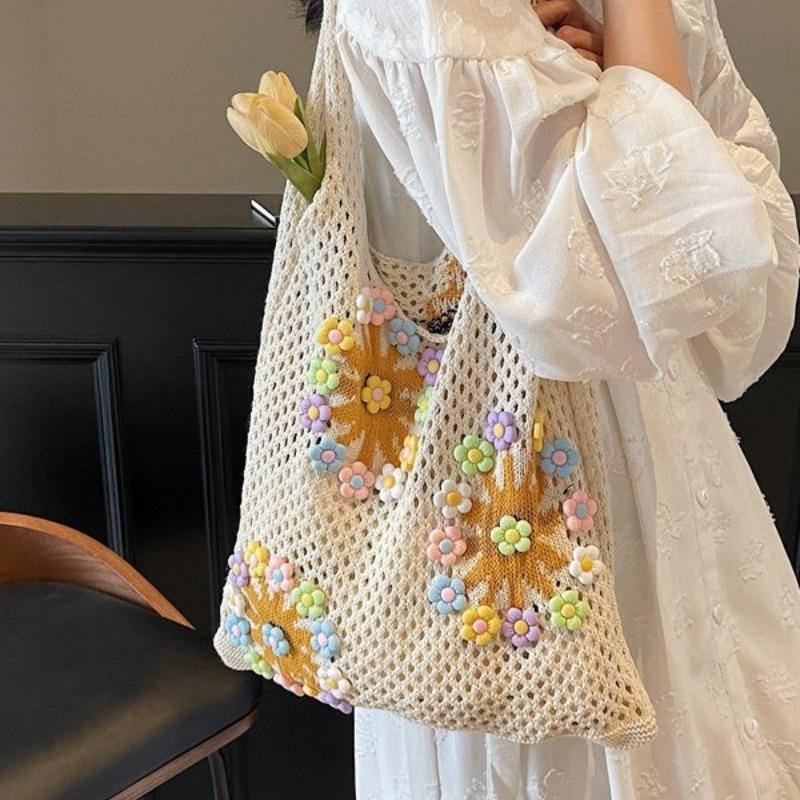 Women's Knitted Hollow Flower Woven Bag Women's New Flower Shoulder Seaside Beach Handbag