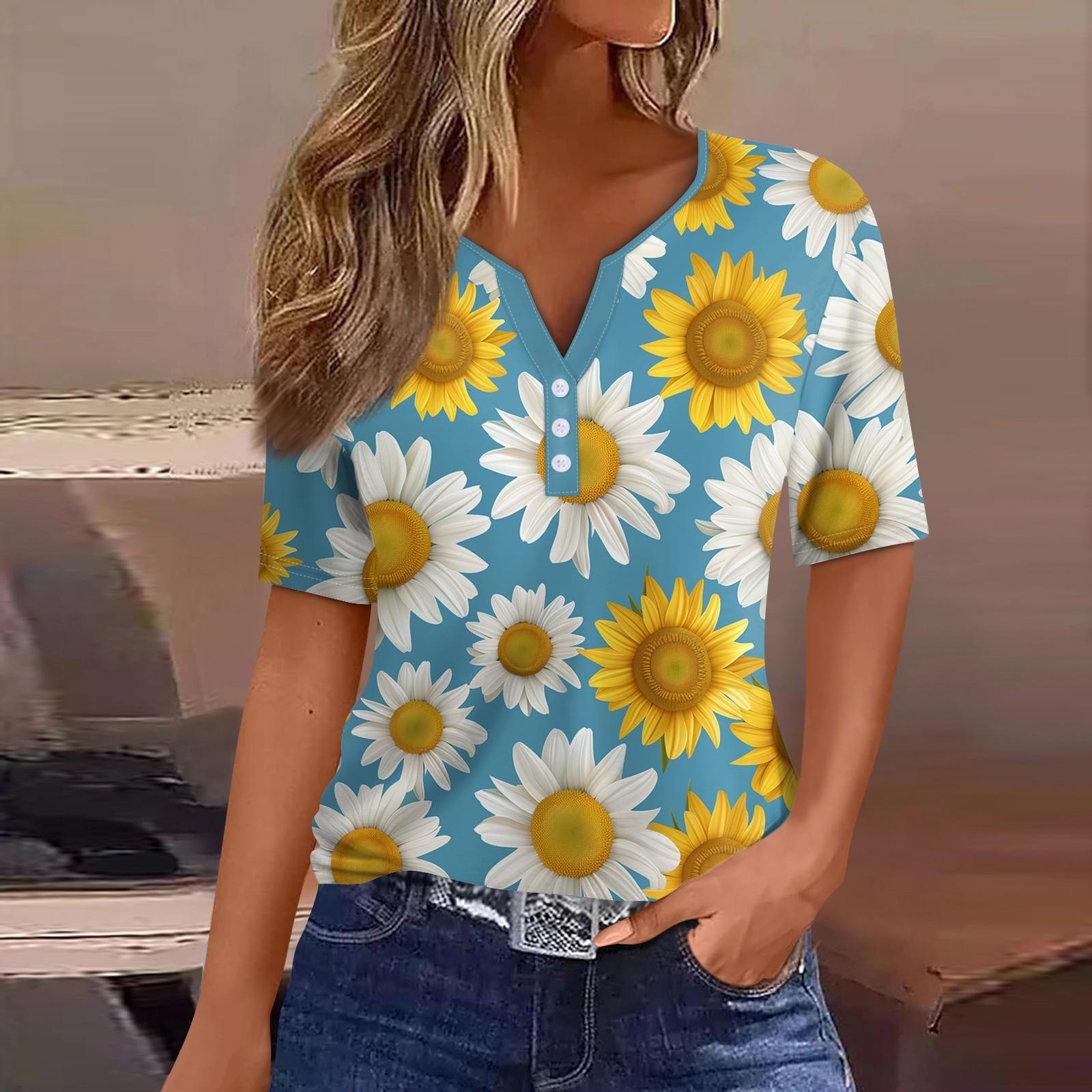 Жен. Футболка Футболка С принтом Пуговицы С короткими рукавами Повседневные Выходные Мода — фото 6